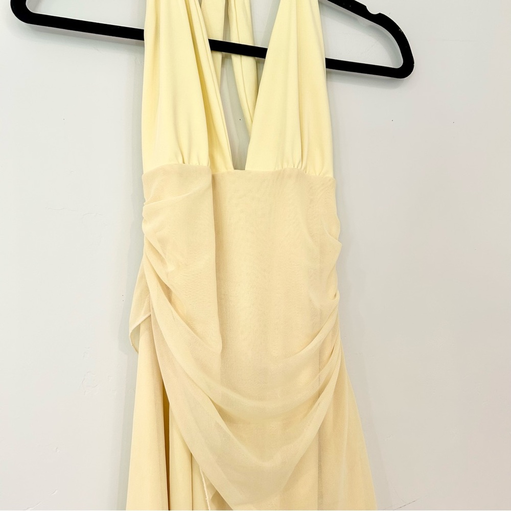 SHEIN Women’s Yellow Halter Backless Mini Dress with Drape and Bow Details - Picture 2 of 6